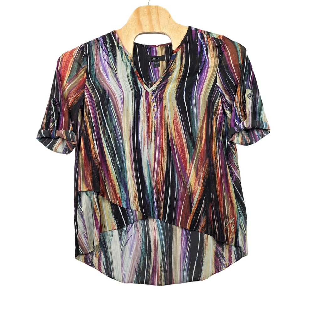 Karen‎ Kane Shirt Womens Large Multicolor Abstract Hi Low Roll Tab Sheer Blouse